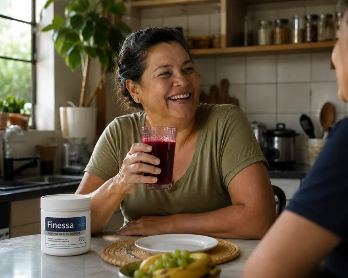 A woman at her kitchen table holding a glass of the mixed Finessa drink, deep beet red, with the jar beside her