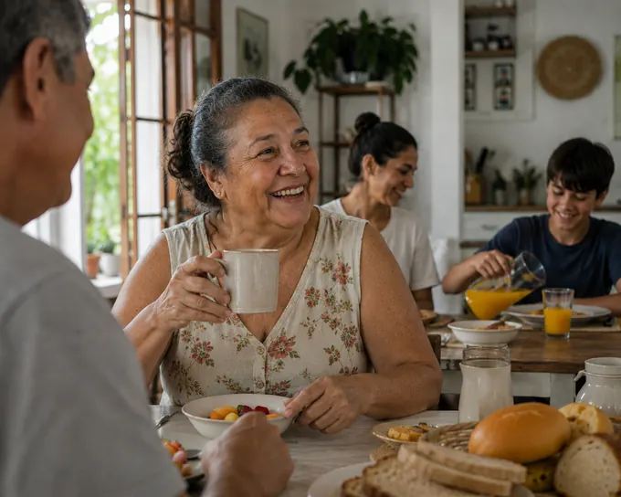 Three generations of a family around a breakfast table, sharing fruit, bread and coffee