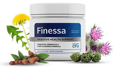 Finessa jar surrounded by dandelion, milk thistle, artichoke and cascara sagrada bark