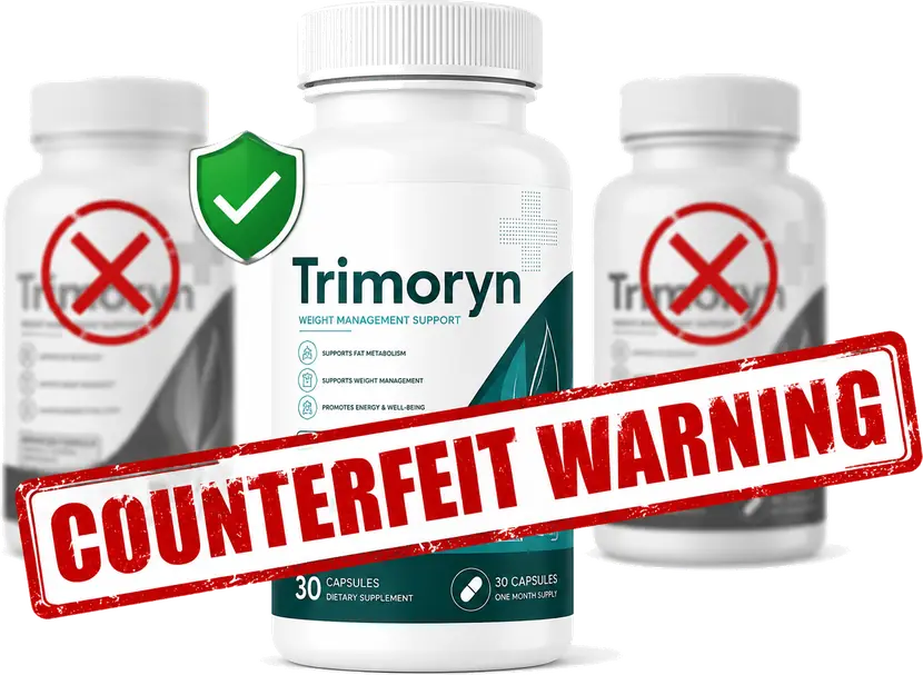 Counterfeit warning: an official Trimoryn bottle with a green shield between two crossed-out imitation bottles