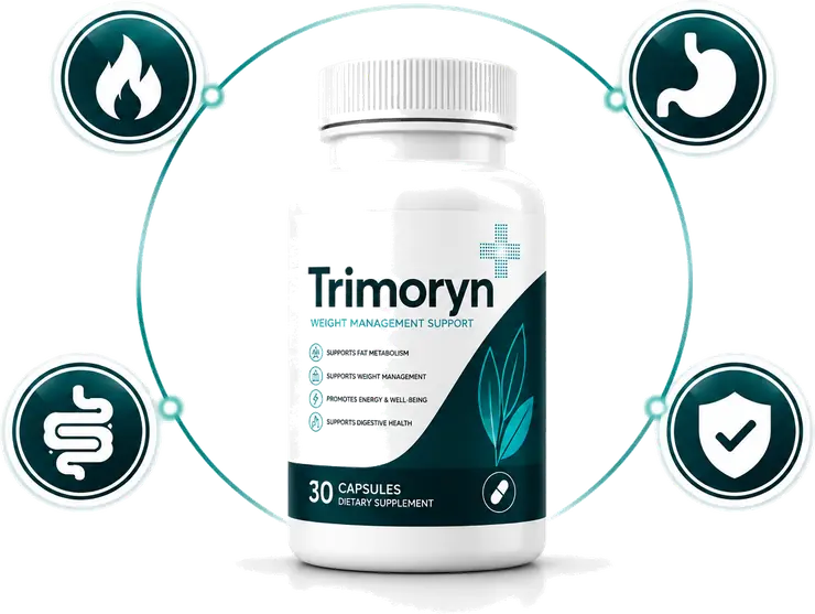 Trimoryn bottle ringed by four icons for the areas the formula targets: metabolism, appetite, digestion and antioxidant support