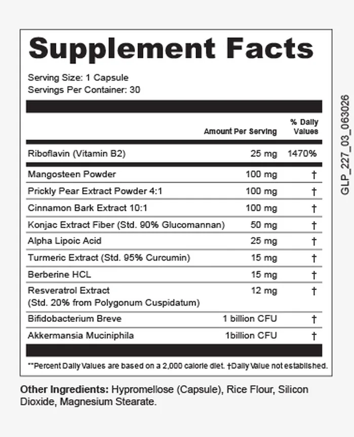 Trimoryn Supplement Facts panel: riboflavin, mangosteen, prickly pear, cinnamon bark, konjac fiber, alpha lipoic acid, turmeric, berberine HCl, resveratrol and two probiotic strains, with the amount of each