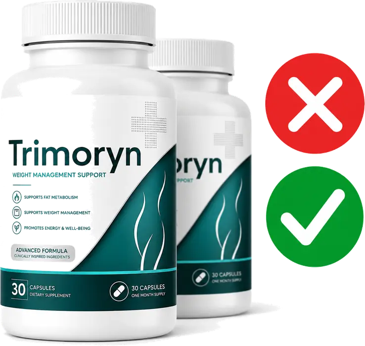 Two Trimoryn bottles, one marked with a red X and the other with a green check