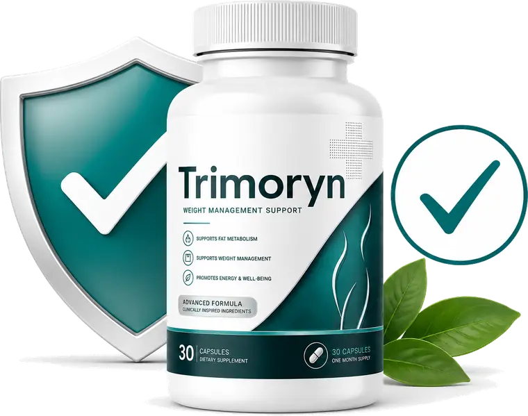 Trimoryn bottle beside a quality shield with a check mark and fresh green leaves