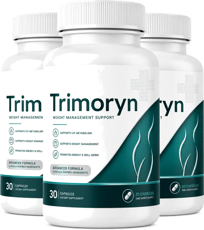 Three Trimoryn bottles, each a 30-capsule one-month supply
